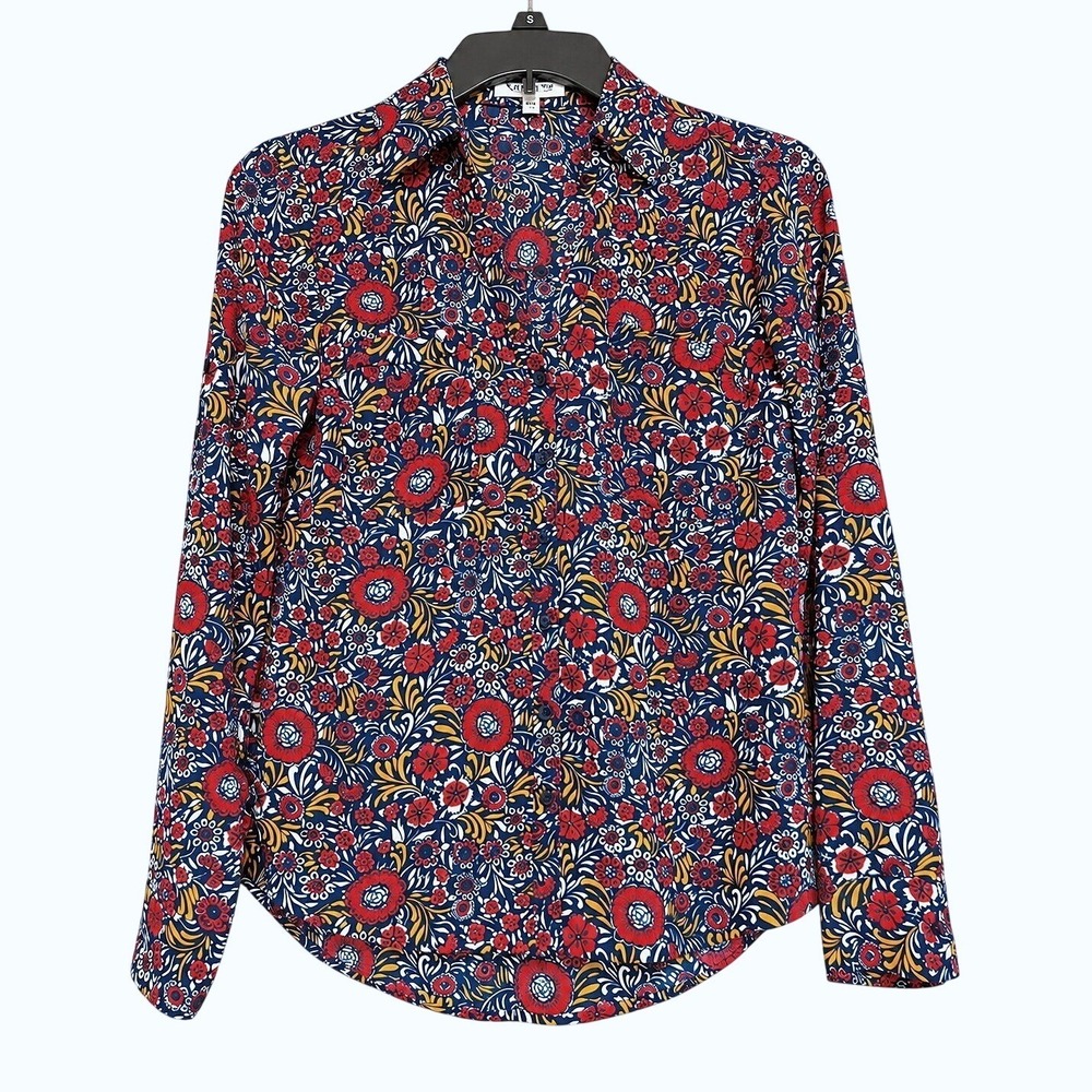 Express Womens XS Slim Fit Portofino Shirt Blue Red Floral Button Up Long Sleeve